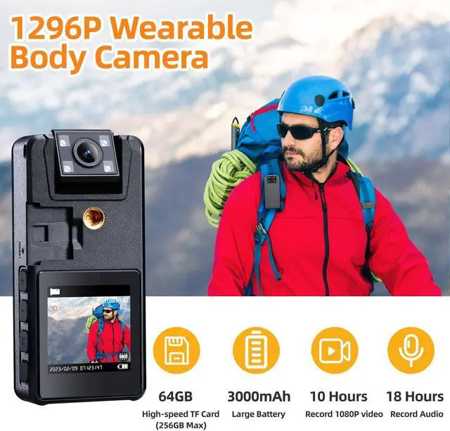 Alt view image 2 of 5 - Hoestr 59GB Body Camera, 3000mAh Body Cam with IR Night Vision, 1296P Camcorder Ideal for Civilians Hikers Cyclists
