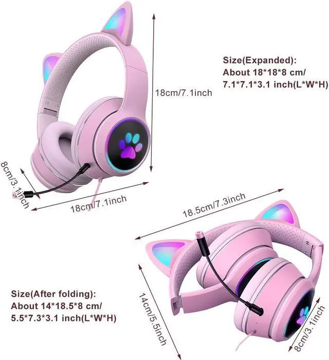 Alt view image 5 of 5 - HONUTIGE Gaming Headset Cat Ear Headphone with RGB LED Light Microphone Stereo Sound Glowing Over-Ear Gaming Headsets for Kids and Adult
