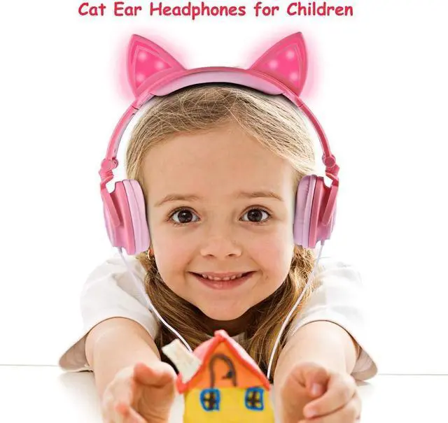 Alt view image 2 of 5 - isightguard Kids Headphones, Wired Headphones On Ear, Cat Ear Headphones with LED for Girls, 3.5mm Audio Jack for Cell Phone (Peach)