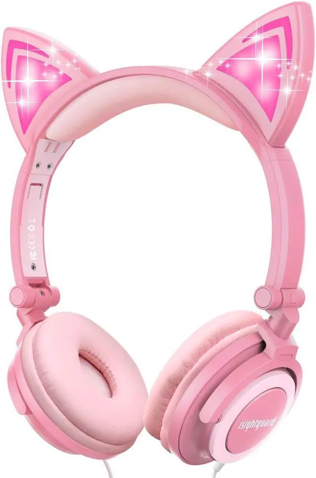 Main image of isightguard Kids Headphones, Wired Headphones On Ear, Cat Ear Headphones with LED for Girls, 3.5mm Audio Jack for Cell Phone (Peach)
