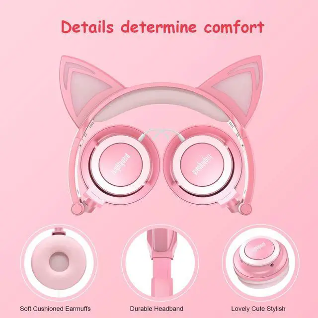 Alt view image 3 of 5 - isightguard Kids Headphones, Wired Headphones On Ear, Cat Ear Headphones with LED for Girls, 3.5mm Audio Jack for Cell Phone (Peach)