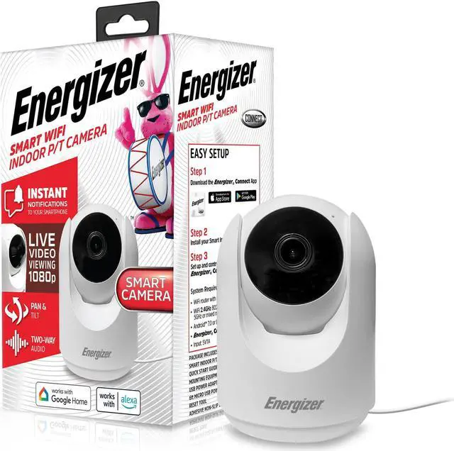 Main image of Energizer Smart 1080p Indoor Pan & Tilt Wired Camera, Motion Tracking, Two-Way Conversation, Night Vision, Instant Notifications, Works with Google Home and Alexa, Night Vision, White
