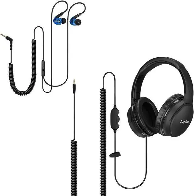 Main image of Joysico 19.5Ft / 6M Long Cord Over Ear Headphones with Volume Control, 16Ft Long Cord in-Ear Earbuds with Mic and Volume Control Bundle, Spring Coil Wire, Extension Cable, 3.5mm AUX, for TV PC Laptop