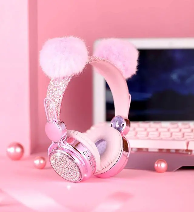Alt view image 3 of 5 - KORABA Kids Bluetooth Headphones with Microphone for School, LED Light Up Wireless Girls Headphones for Study/Tablet/Airplane/Online Learning (Pink)