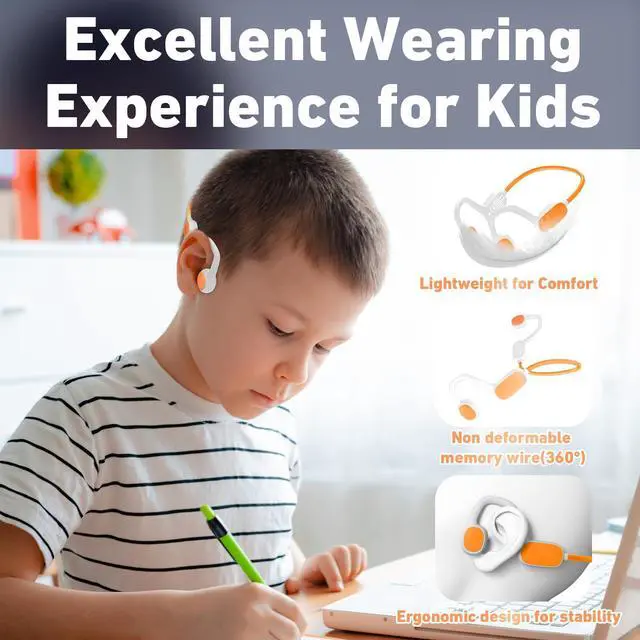 Alt view image 3 of 5 - Mehomeli Kids Headphones, Bluetooth 5.2 Air Conduction Open Ear Headphones, 85dB Volume Limiting, Stereo Sound with Mic, IPX5 Waterproof, 20H Playtime, Perfect for School and Outdoor Activities-White