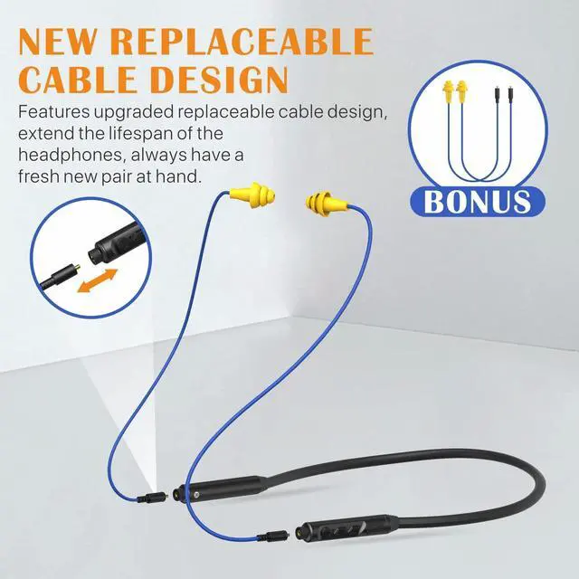 Alt view image 4 of 5 - MIPEACE Bluetooth Earplug Headphones with 2 Replacement Earbud Cables - Neckband Ear Protection Work Earbuds, 29dB Noise Reduction Safety Headphones with 19+ Hour Battery for Lawn Mowing DIY.