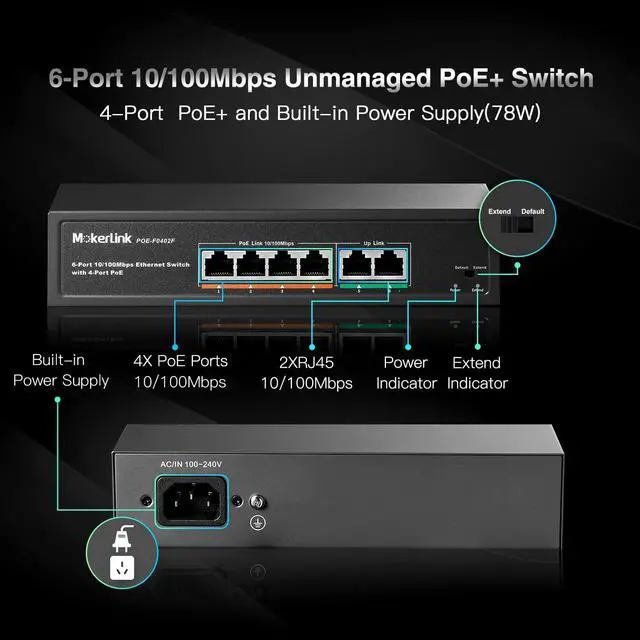 Alt view image 2 of 5 - MokerLink 6 Port PoE Switch with 4 Ports PoE+, 2 Fast Ethernet Uplink, 10/100Mbps, 78W High Power, Support IEEE802.3af/at, Fanless Metal Plug & Play PoE+ Network Switch