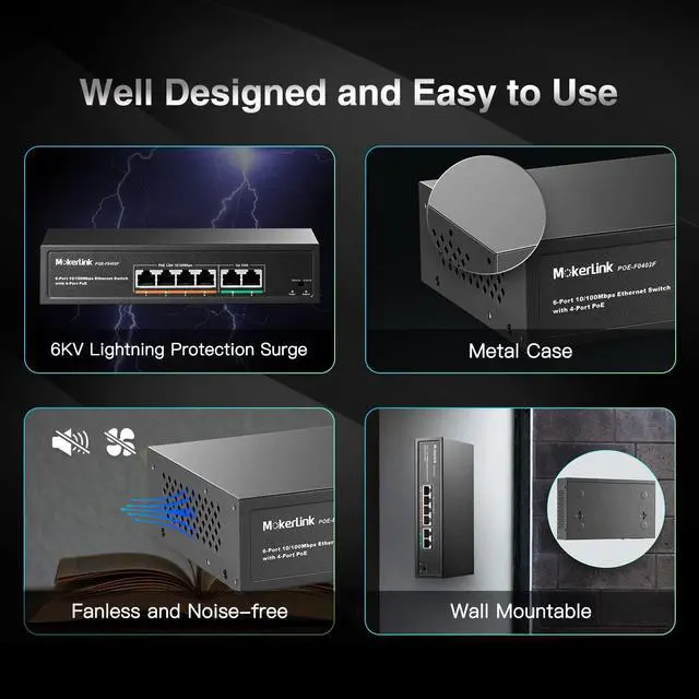Alt view image 5 of 5 - MokerLink 6 Port PoE Switch with 4 Ports PoE+, 2 Fast Ethernet Uplink, 10/100Mbps, 78W High Power, Support IEEE802.3af/at, Fanless Metal Plug & Play PoE+ Network Switch