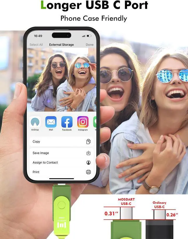 Alt view image 2 of 5 - MOSDART 256GB USB C Dual Flash Drive Speed Up to 150MB/s with Keychain - 2 in 1 OTG USB 3.1 Type-C Thumb Drive Memory Stick for USB-C Android Phones, iPhone 15, MacBook, iPad, Computers, etc. Green