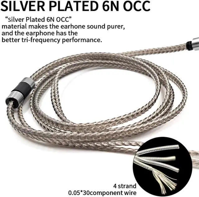 Alt view image 2 of 5 - okcsc 0.75/0.78MM 2Pin Earphone Cable Silver Plated 6N OCC High Purity Beryllium Copper for Final Audio FIIO FH1s JH3 KZ EDX ZST ES4 ED12 ZSR AS10 CCA C10 A3000 MAKE4 IEM Cable with 2.5MM Plug 4FT