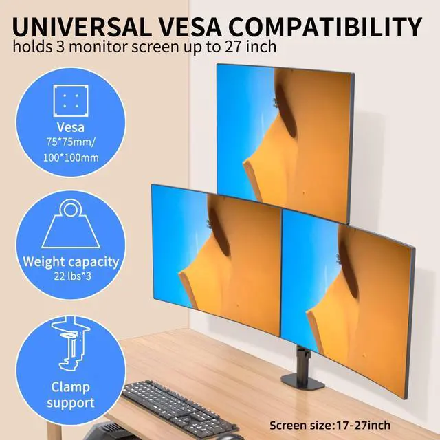 Alt view image 3 of 5 - Pholiten Triple Monitor Stand,13 to 27 inch LCD Monitor Desk Mount,Extra Tall 31.5 inch Pole Heavy Duty Fully Adjustable Stand Mount