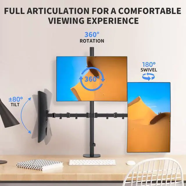 Alt view image 2 of 5 - Pholiten Triple Monitor Stand,13 to 27 inch LCD Monitor Desk Mount,Extra Tall 31.5 inch Pole Heavy Duty Fully Adjustable Stand Mount