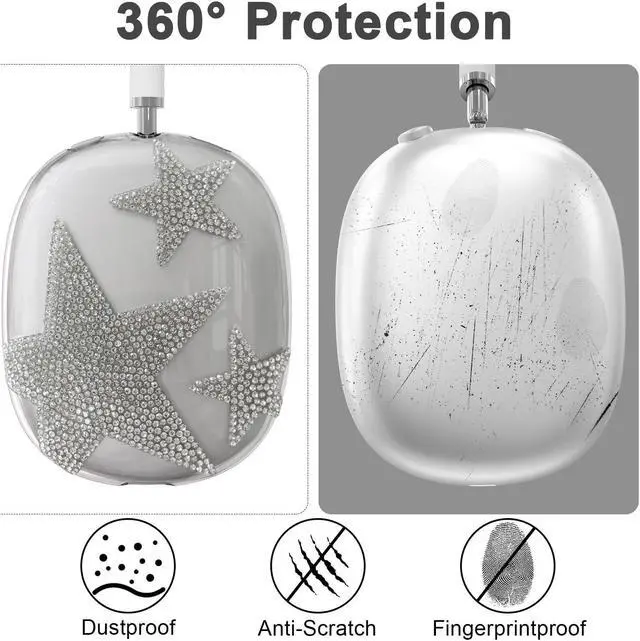 Alt view image 4 of 5 - Bling Case Cover for AirPods Max, [5 in 1] Silicone Clear Sparkling Soft TPU Earcup/Ear Pad Case/Headband Cover Glittering Rhinestones Stars Accessories for Apple AirPods Max New USB-C (2024), White