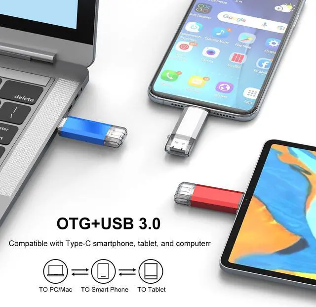 Alt view image 3 of 5 - RAOYI 3 Pack 128GB USB C Flash Drive, 2 in 1 USB 3.0 Type C Dual OTG Metal Thumb Drive Jump Drive Memory Stick with Keychain Suitable for USB-C Smartphones, Computers and Tablets (Red,Silver,Blue)