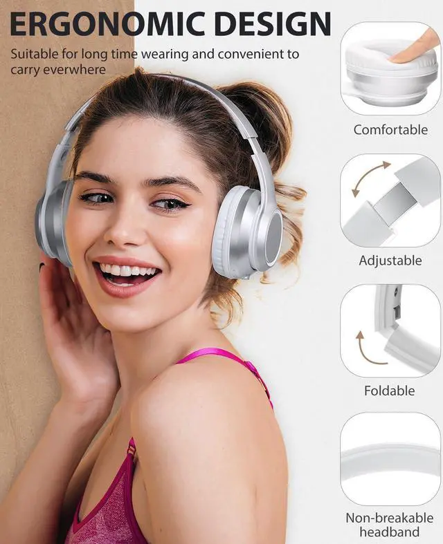 Alt view image 2 of 5 - rockpapa E8 Over The Ear Bluetooth Headphones with Microphone for Kid Children Boy Girl Youth Teen Adult, Foldable Wired/Wireless Headphones with Mic, Include Travel Case, Silver