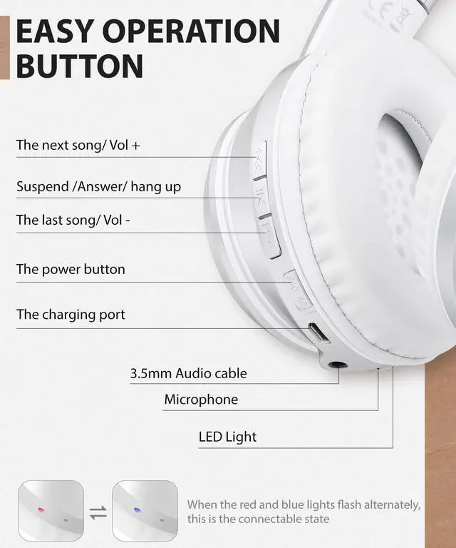 Alt view image 3 of 5 - rockpapa E8 Over The Ear Bluetooth Headphones with Microphone for Kid Children Boy Girl Youth Teen Adult, Foldable Wired/Wireless Headphones with Mic, Include Travel Case, Silver