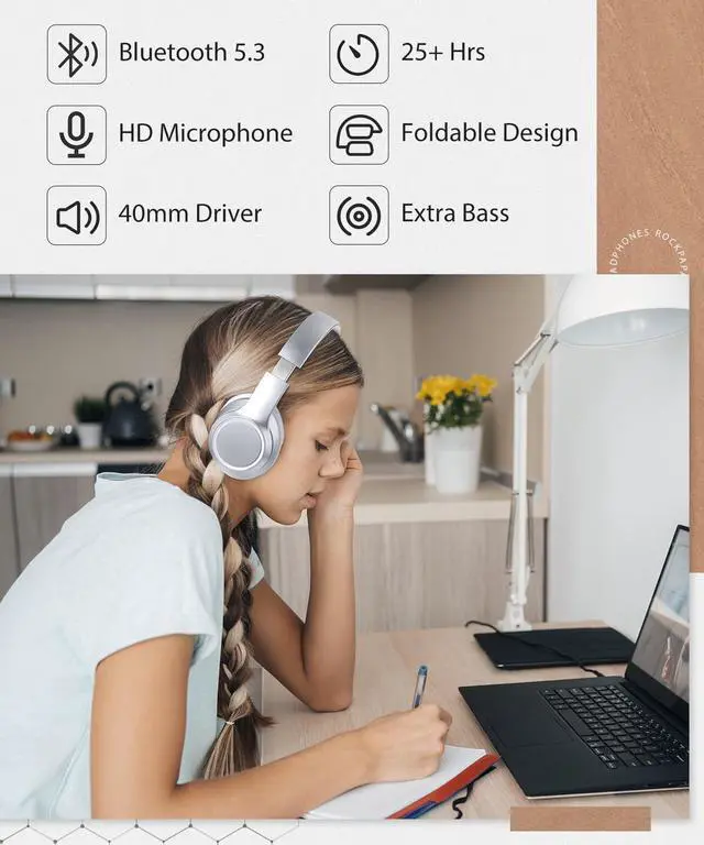 Alt view image 5 of 5 - rockpapa E8 Over The Ear Bluetooth Headphones with Microphone for Kid Children Boy Girl Youth Teen Adult, Foldable Wired/Wireless Headphones with Mic, Include Travel Case, Silver