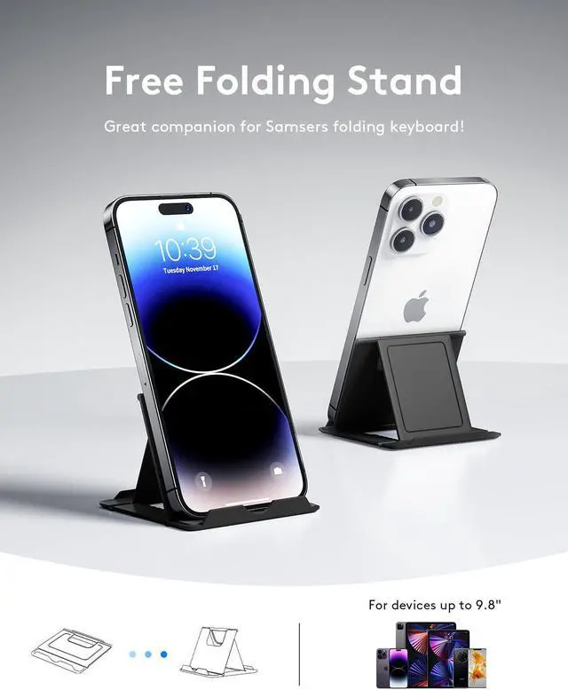 Alt view image 5 of 5 - Samsers Bluetooth Foldable Keyboard, Wireless Portable Folding Keyboards, Full-Size Ultra-Slim Rechargeable Connect Up to 3 Devices for iOS Android Windows Phone Tablet and Laptop, Black