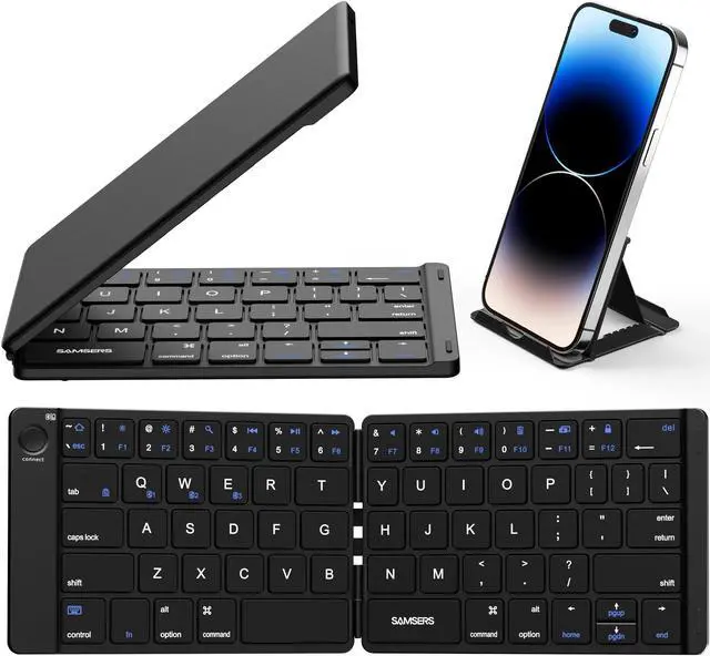 Main image of Samsers Bluetooth Foldable Keyboard, Wireless Portable Folding Keyboards, Full-Size Ultra-Slim Rechargeable Connect Up to 3 Devices for iOS Android Windows Phone Tablet and Laptop, Black