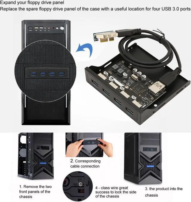 Alt view image 2 of 5 - Front Panel PCIE to USB 3.0 Hub with 4 Port, 3.5 Inch PC Front Panel Internal Card Reader PCIE USB Adapter with 4 X USB3.0 Output Port for Computer Case Front Bay