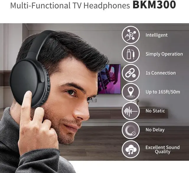 Alt view image 2 of 5 - BKM300 Wireless TV Headphones with Bluetooth USB Transmitter, Simple Operation, 165ft (50m) Wireless Range, No Static & No Delay