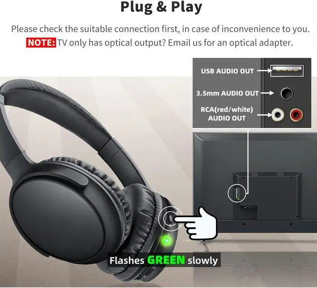 Alt view image 3 of 5 - BKM300 Wireless TV Headphones with Bluetooth USB Transmitter, Simple Operation, 165ft (50m) Wireless Range, No Static & No Delay