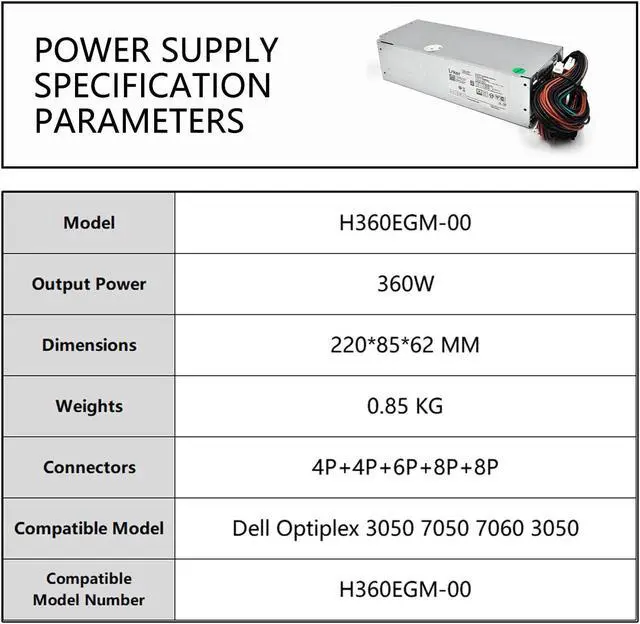 Alt view image 2 of 5 - Lrker 360W Power Supply Compatible with Dell Optiplex 3050 7050 7060 3050MT 7050MT 7060MT Vostro 3668 3669, H360EGM-00, D360E001L L360EGM-00 8HKG7
