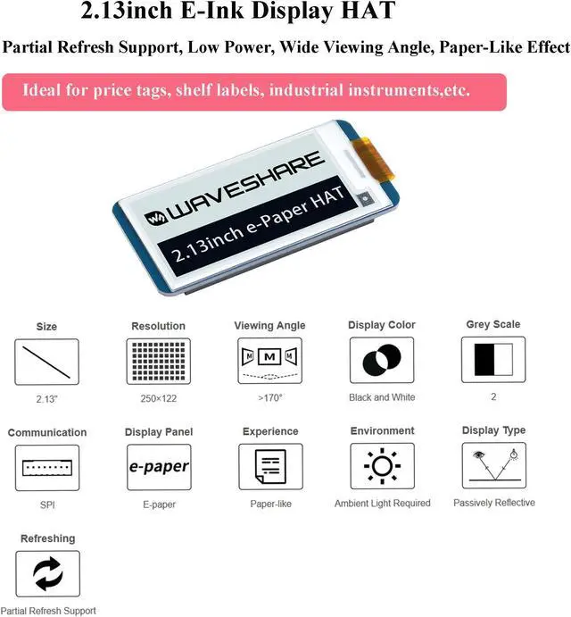 Alt view image 2 of 5 - Waveshare 2PCS 2.13inch E-Ink Display HAT V4 Version, Black/White Two-Color 250x122 Pixel E-Paper for Raspberry Pi 5/4B/3B+/3B/2B/Zero W/WH/Zero 2 W/Jetson Nano SPI Interface, Support Partial Refresh