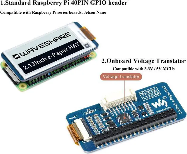 Alt view image 3 of 5 - Waveshare 2PCS 2.13inch E-Ink Display HAT V4 Version, Black/White Two-Color 250x122 Pixel E-Paper for Raspberry Pi 5/4B/3B+/3B/2B/Zero W/WH/Zero 2 W/Jetson Nano SPI Interface, Support Partial Refresh