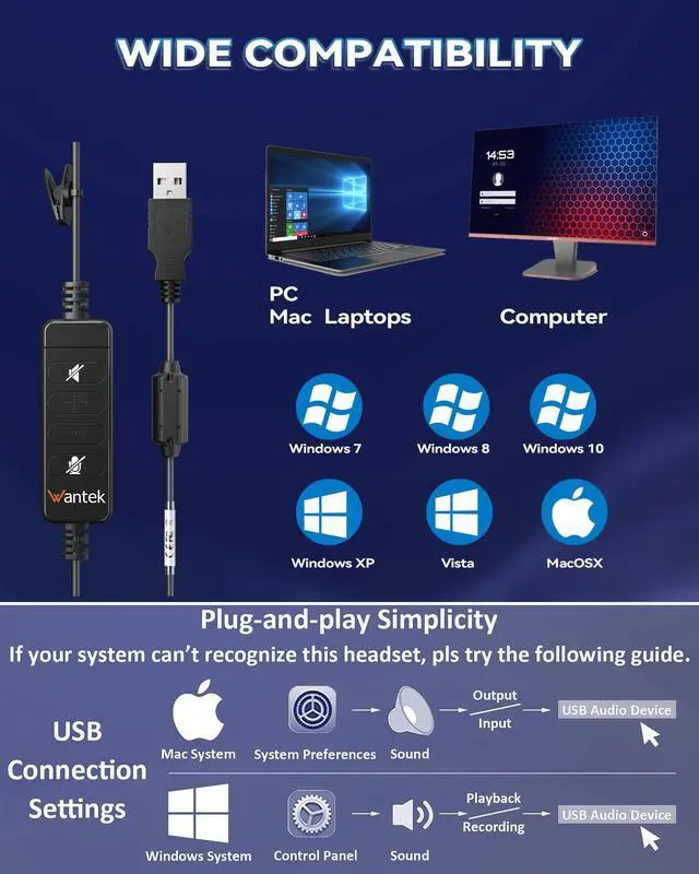 Alt view image 3 of 5 - Wantek Corded USB Headset with Microphone Noise Cancelling & in-line Controls, Computer Headphones for Laptop PC Skype Zoom Webinar Classroom Home Office Business, Clear Chat, Ultra Comfort(UC602)