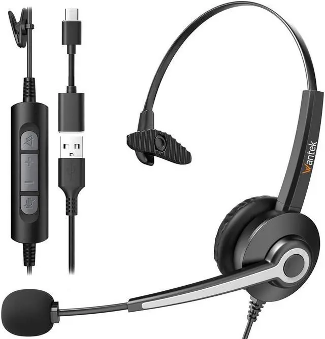 Main image of Wantek Monaural Corded USB Headsets with Noise Cancelling Mic and in-line Controls, UC Business Headset for Skype, SoftPhone, Call Center