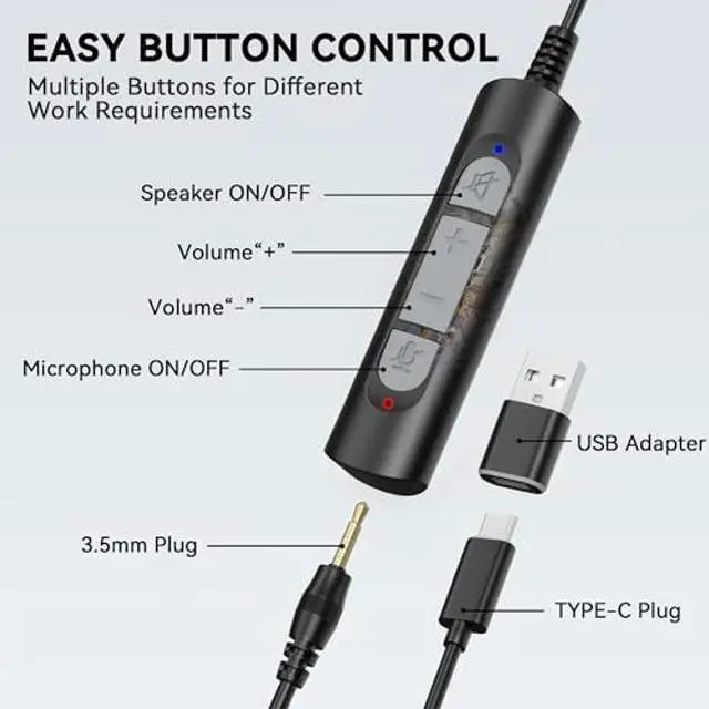 Alt view image 4 of 5 - USB C Headset,Type C Headset with Microphone for PC Laptop, 3.5MM On-Ear Wired Computer Headsets with Noise-Cancelling Microphone in-line Control for Work/Office/Call Center
