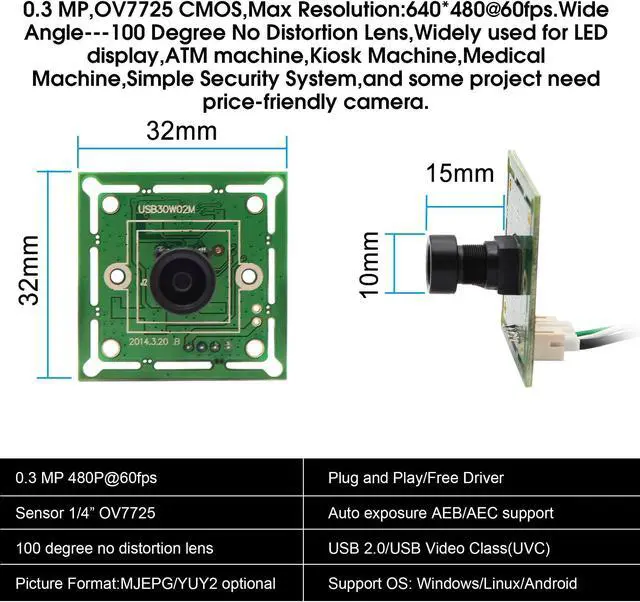 Alt view image 4 of 5 - VGA USB Camera Module High Speed Wide Angle PC Camera for Computer 480P 60fps Mini UVC USB2.0 Webcam Board with 100degree No Distortion Lens CMOS OV7725 Industrial CCTV Lightburn Camera for Laptop