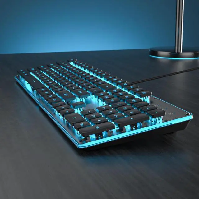 Alt view image 3 of 5 - Owpkeenthy Black Computer Keyboard, Full-Size Typewriter Ice Blue Backlit Quiet Office Gaming Keyboard with Cool Square Punk Keys Metal Panel for Laptop,PC Desktops (104 Black)