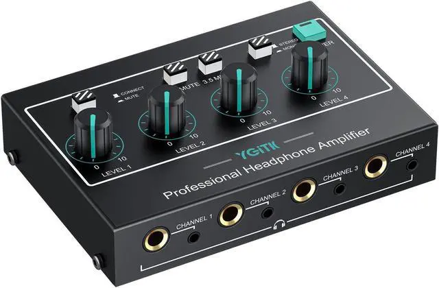 Main image of YGiTK 4 Channel Headphone Amplifier with Individual Mute for Each Channel, Support 3 Audio Input,Stereo Audio Amplifier Mixer, Mini Earphone Splitter,Mono/Stereo 1/4" & 1/8" TRS Output, Power Adapter