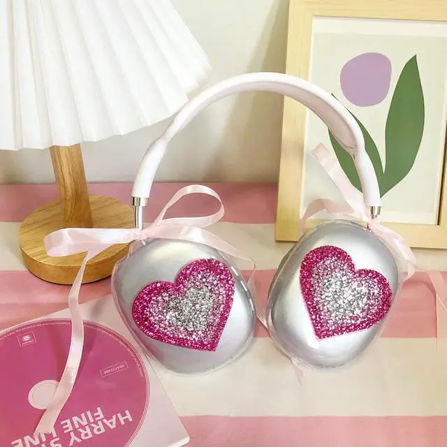 Alt view image 2 of 5 - Bling Diamond for AirPod Max Cover,Cute Love Heart Rhinestones Case for Women Girls with Ribbon,Glitter Gradient Luxuly Heart Design,Clear Soft Silicone Protective Case for AirPods Max