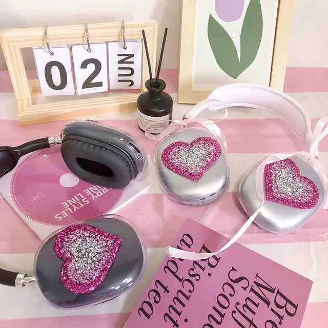 Alt view image 3 of 5 - Bling Diamond for AirPod Max Cover,Cute Love Heart Rhinestones Case for Women Girls with Ribbon,Glitter Gradient Luxuly Heart Design,Clear Soft Silicone Protective Case for AirPods Max