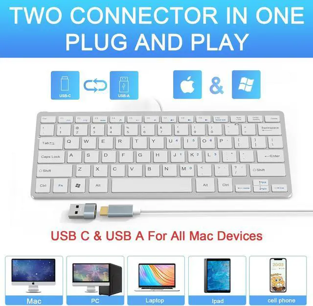 Alt view image 2 of 5 - Ultra-Slim 78keys USB-C Mini Wired Keyboard with Media Hotkeys for Apple Mac Pro, MacBook 56Pro/ iMac, Air, Mac Mini, Laptop Computers, Windows Desktop PC 11/10/8/7, with USB-C to A OTG Adapter,White