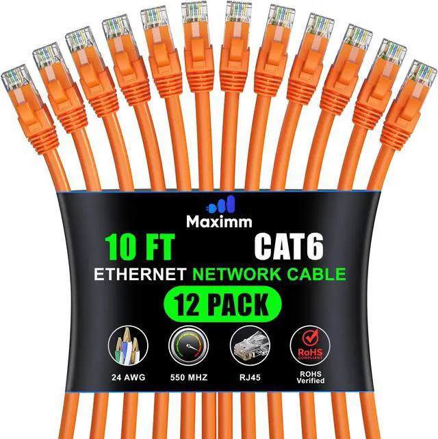 Main image of Maximm Cat 6 Ethernet Cable 10 ft (12-Pack) - High-Speed LAN Cable, Internet Cable, Patch Cable, and Network Cable - UTP, 10Gbps, 550MHz Ethernet Cord - Orange