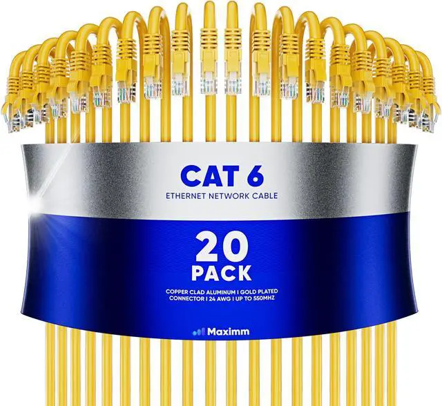 Main image of Maximm Cat 6 Ethernet Cable 3 ft (20-Pack) - High-Speed LAN Cable, Internet Cable, Patch Cable, and Network Cable - UTP, 10Gbps, 550MHz Ethernet Cord - Yellow
