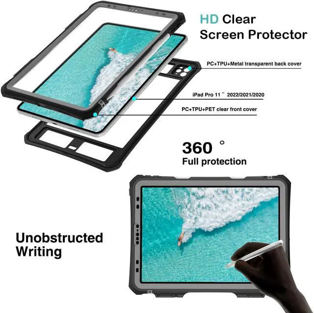 Alt view image 3 of 5 - for iPad Pro 11 inch Waterproof Case 2022/2021/2020/2018(4th/3rd/2nd/1st),360 Protective Military Drop-Proof,with Strap Stand,Clear Screen Protector,Built-in Pencil Holder iPad pro 11 Cover