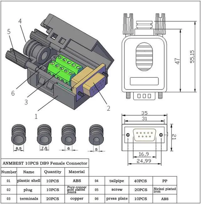 Alt view image 3 of 5 - ANMBEST 10PCS DB9 Female Breakout Connector,DB9 Solderless RS232 D-SUB Serial to 9-pin Port Terminal Adapter Connector Breakout Board with Case Long Bolts Tail Pipe