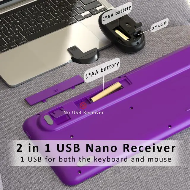 Alt view image 5 of 5 - Wireless Computer Keyboards Mouse Combos, COVEVA Colorful Typewriter Retro Keyboard with Round Keycaps, USB Keyboard and Mouse Set 2.4GHz Full-Size Wireless Keyboard and Optical MouseBlack-Purple