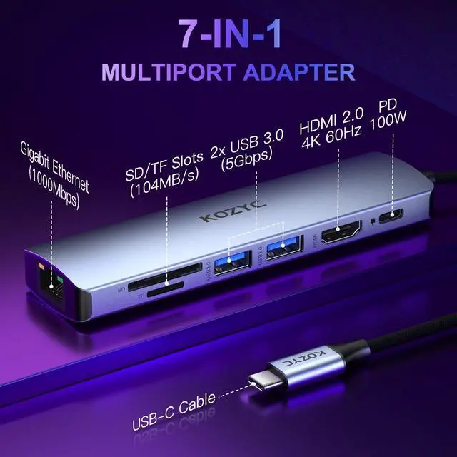 Alt view image 2 of 5 - USB C Hub with Ethernet, KOZYC 7 in 1 USB-C Hub Multiport Adapter to HDMI 4K 60Hz, 1Gbps Ethernet, 100W PD Charging, 2 USB 3.0 Data, SD/TF Card Slots Port, Compatible with Laptop, Macbook Pro, UHDTV