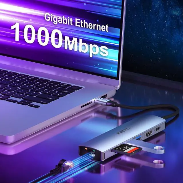 Alt view image 4 of 5 - USB C Hub with Ethernet, KOZYC 7 in 1 USB-C Hub Multiport Adapter to HDMI 4K 60Hz, 1Gbps Ethernet, 100W PD Charging, 2 USB 3.0 Data, SD/TF Card Slots Port, Compatible with Laptop, Macbook Pro, UHDTV