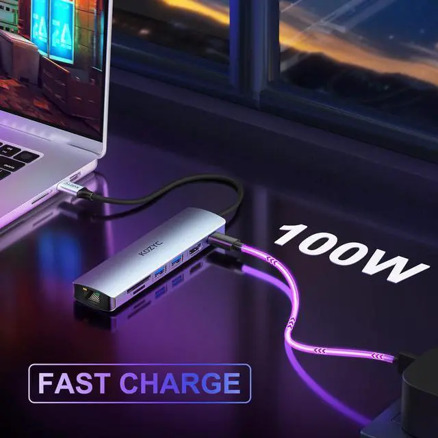 Alt view image 5 of 5 - USB C Hub with Ethernet, KOZYC 7 in 1 USB-C Hub Multiport Adapter to HDMI 4K 60Hz, 1Gbps Ethernet, 100W PD Charging, 2 USB 3.0 Data, SD/TF Card Slots Port, Compatible with Laptop, Macbook Pro, UHDTV