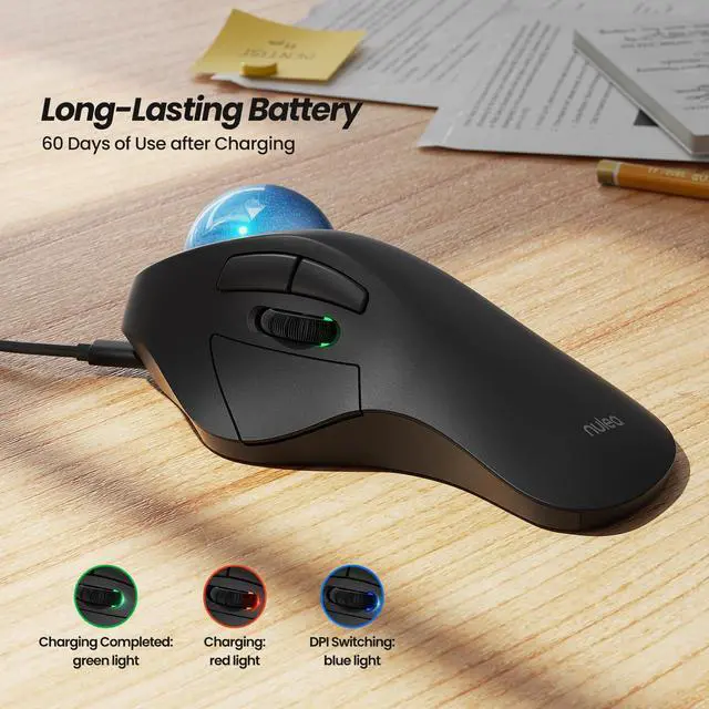 Alt view image 5 of 5 - Nulea Wireless Ergonomic Trackball Mouse, Rechargeable, Bluetooth Rollerball Mouse, 44mm Index Finger Trackball, 5 Adjustable DPI, Compatible with PC, Laptop, iPad, Mac, Windows, Android