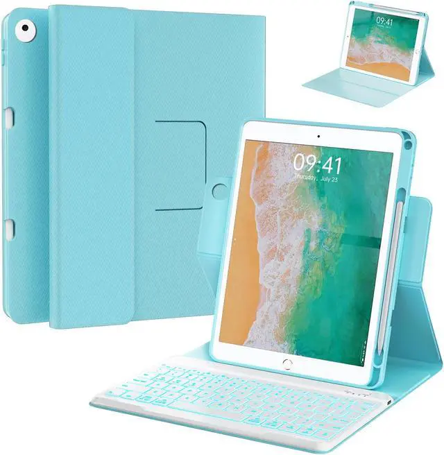 Main image of Keyboard Case for iPad 9.7 inch 5th 6th Generation,360deg Rotatable iPad Air 2 Keyboard Case with Pencil Holder(2018/2017/2014),7 Color Backlit Bluetooth Keyboard Smart Folio Tablet Cover (Lake Blue)