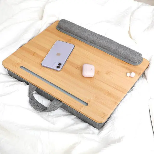 Alt view image 2 of 5 - SUMISKY Lap Desk-Portable Laptop Stand with Cushion, Bamboo Platform with Phone Holder, Wrist Pad Fits up to 15.6 Inch Laptops