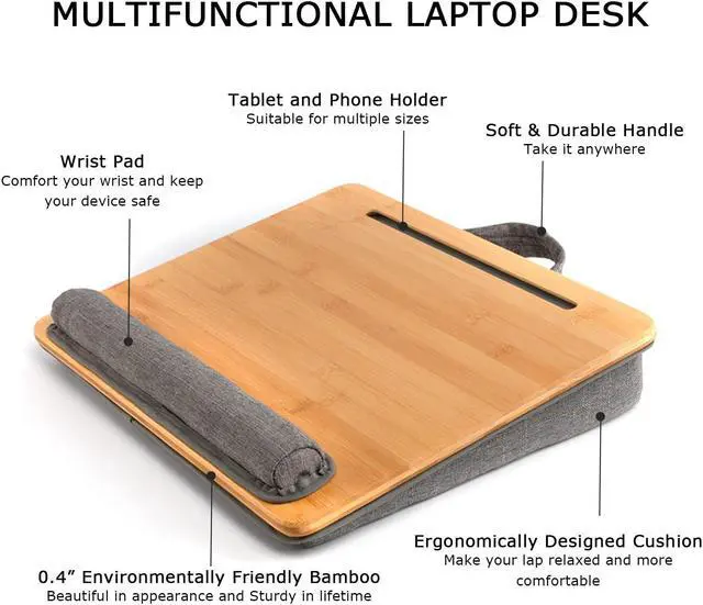 Alt view image 4 of 5 - SUMISKY Lap Desk-Portable Laptop Stand with Cushion, Bamboo Platform with Phone Holder, Wrist Pad Fits up to 15.6 Inch Laptops